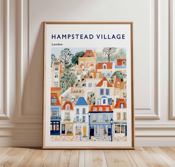 Hampstead Village London Hillside Terraces Colorful Travel Poster