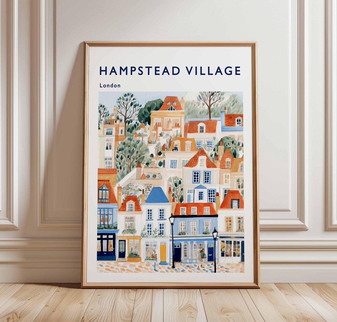 Hampstead Village London Hillside Terraces Colorful Travel Poster