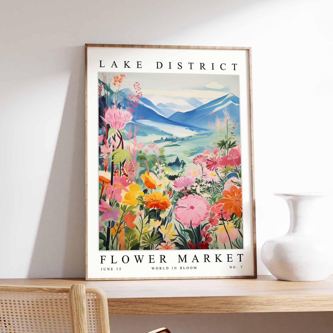 Lake District Flower Market Pink Cosmos Mountain Valley Poster