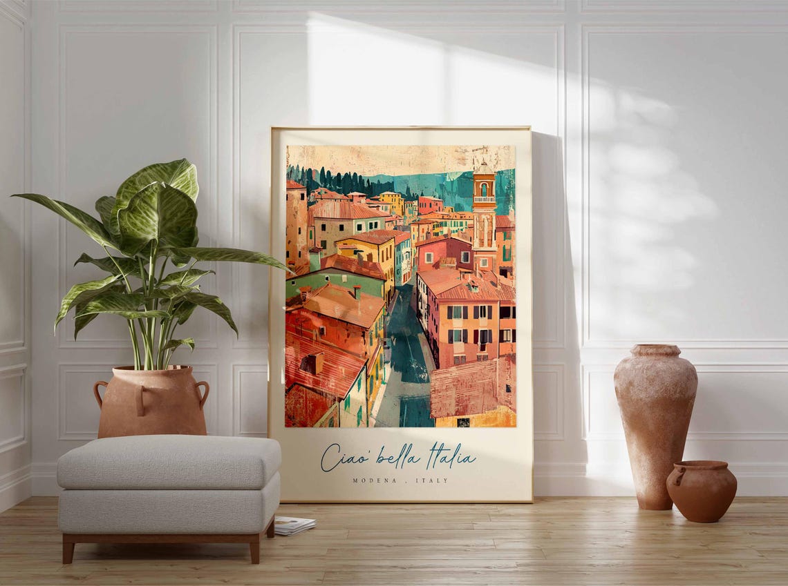 Modena Italy Rooftops Collage Bell Tower Teal Hills Art Poster - Image 3