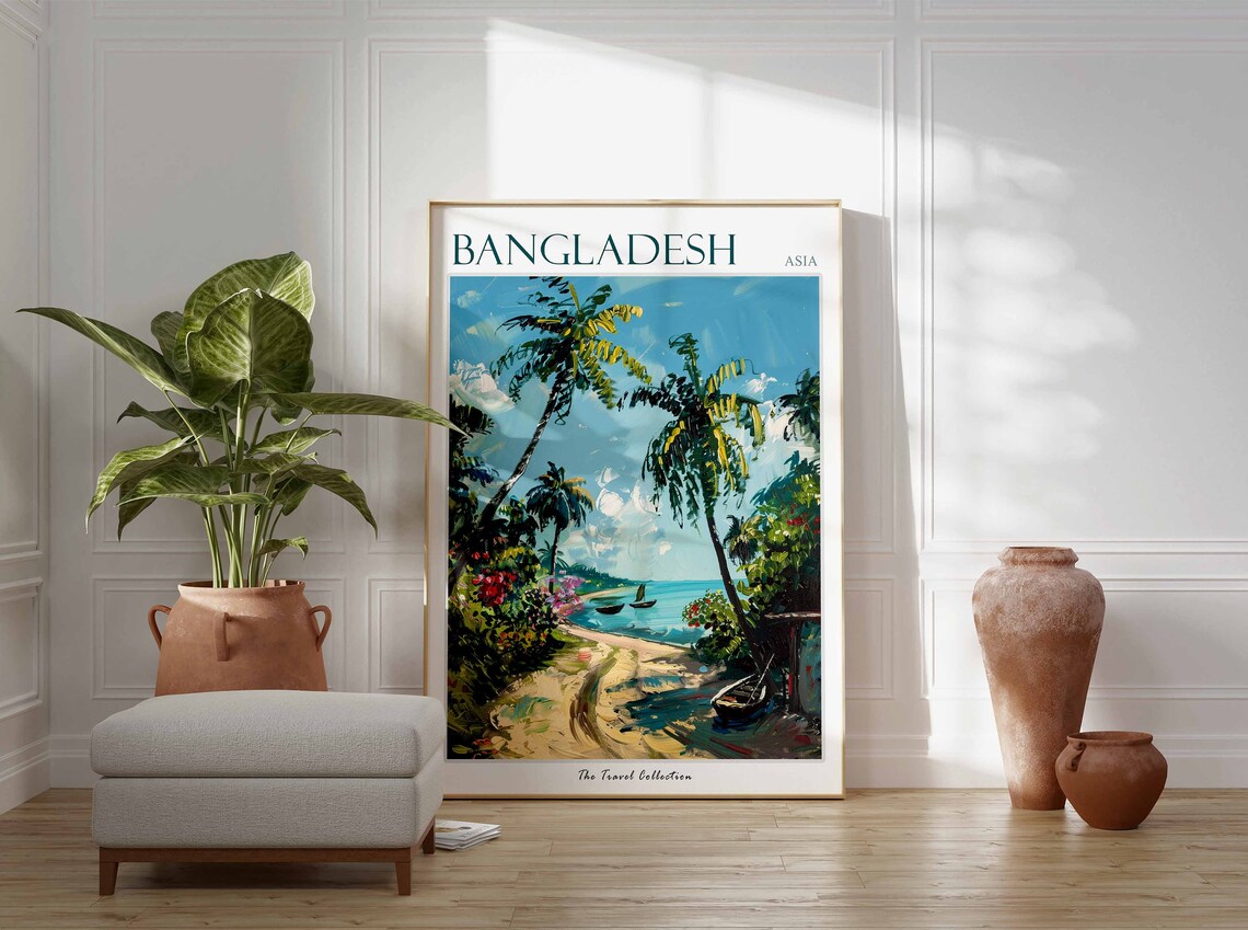 Bangladesh Asia Sandy Tropical Beach Palms Painted Travel Poster - Image 2