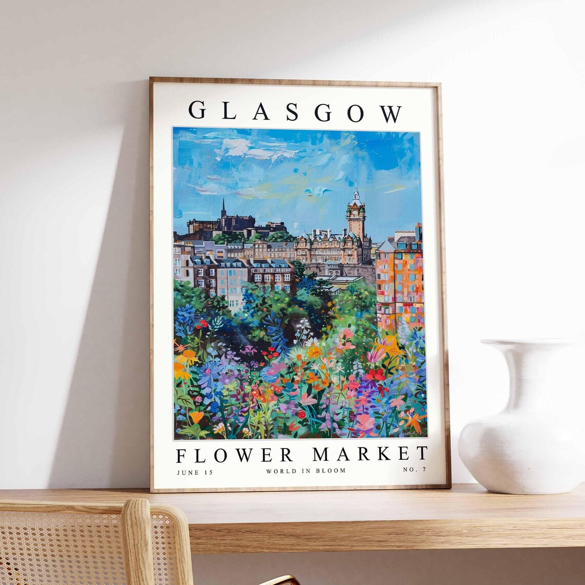 Glasgow Flower Market Scotland Castle Skyline Floral Art Travel Poster