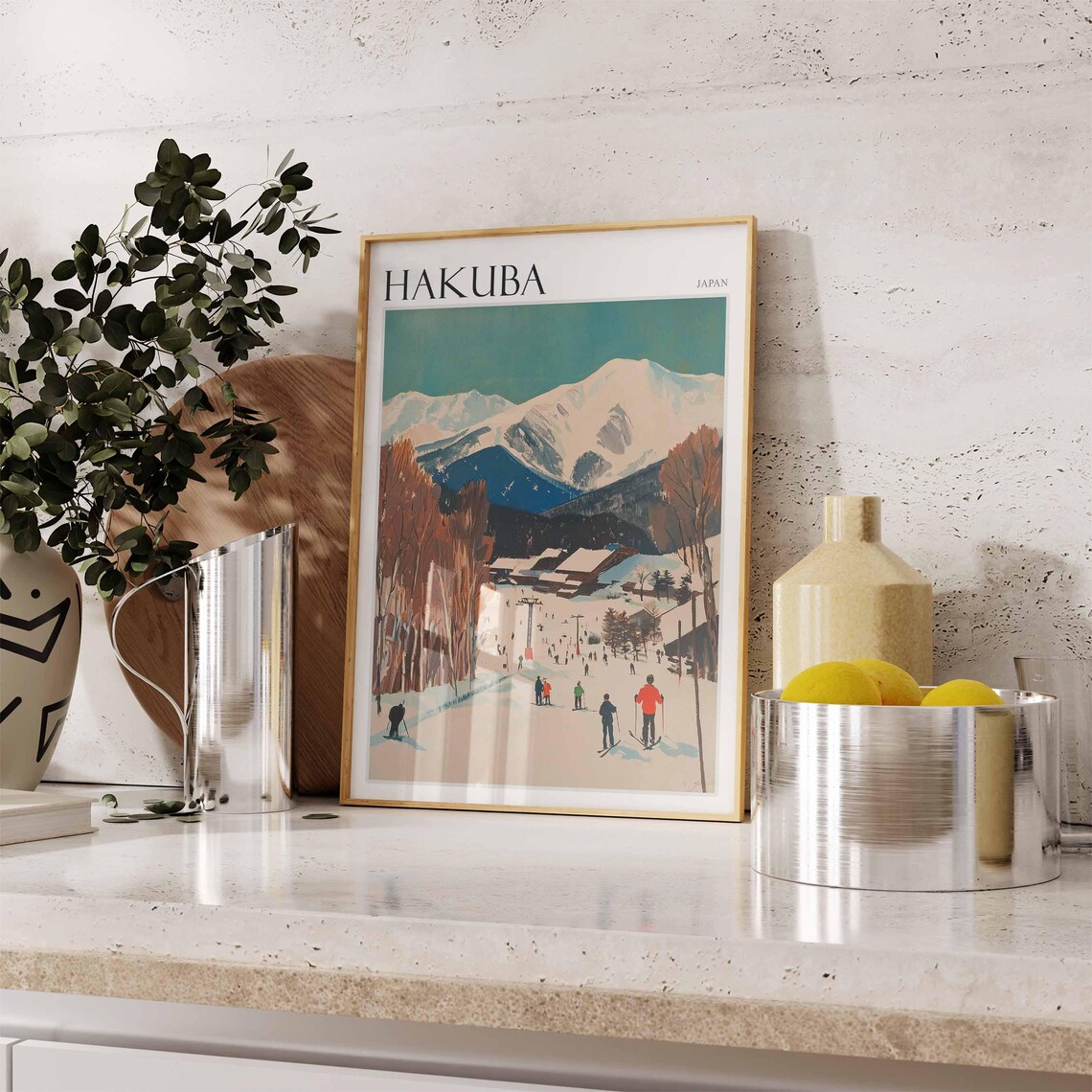 Hakuba Japan Retro Ski Village Teal Mountain Travel Art Poster - Image 2