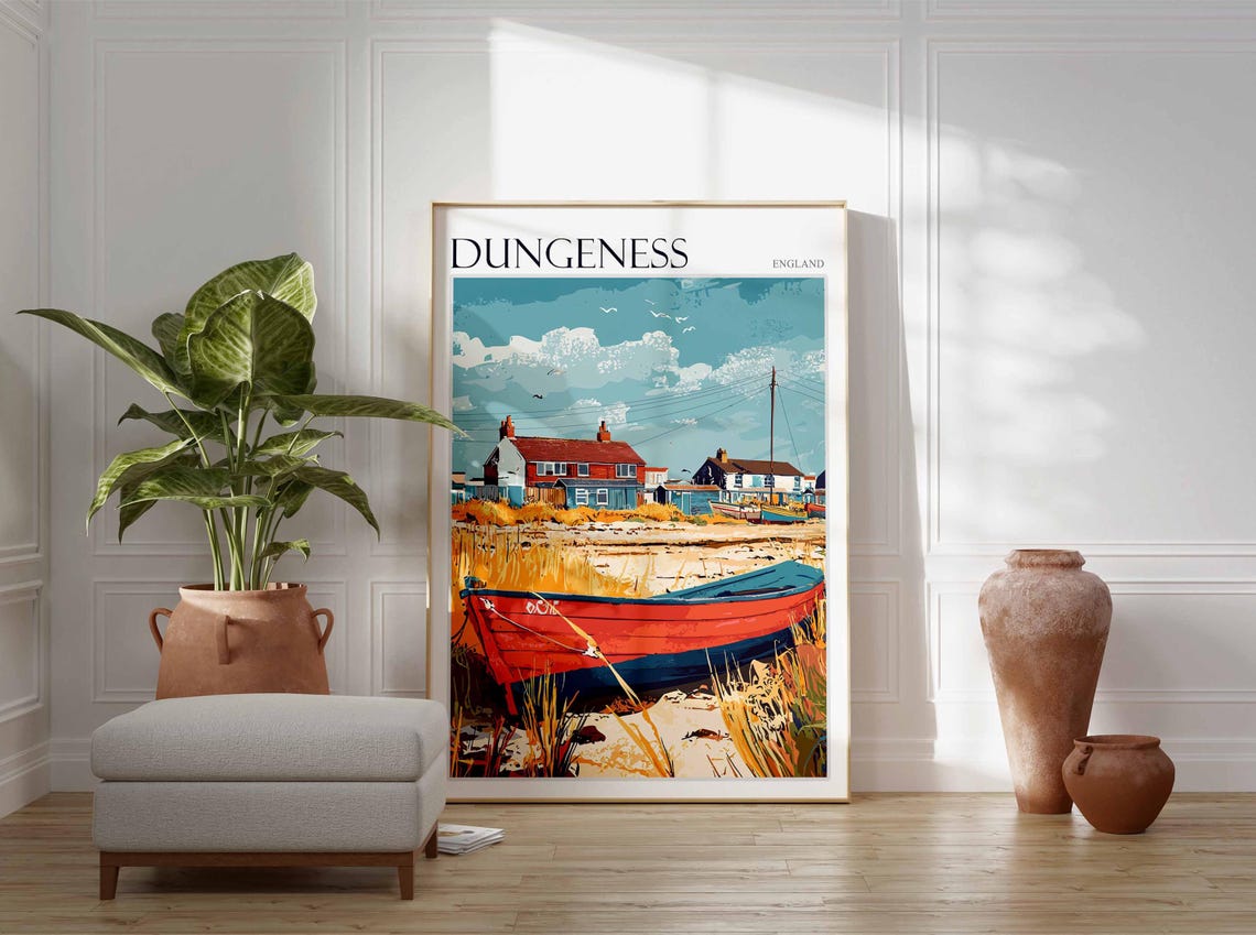 Dungeness England Red Rowboat and Shingle Beach Illustration Poster - Image 3
