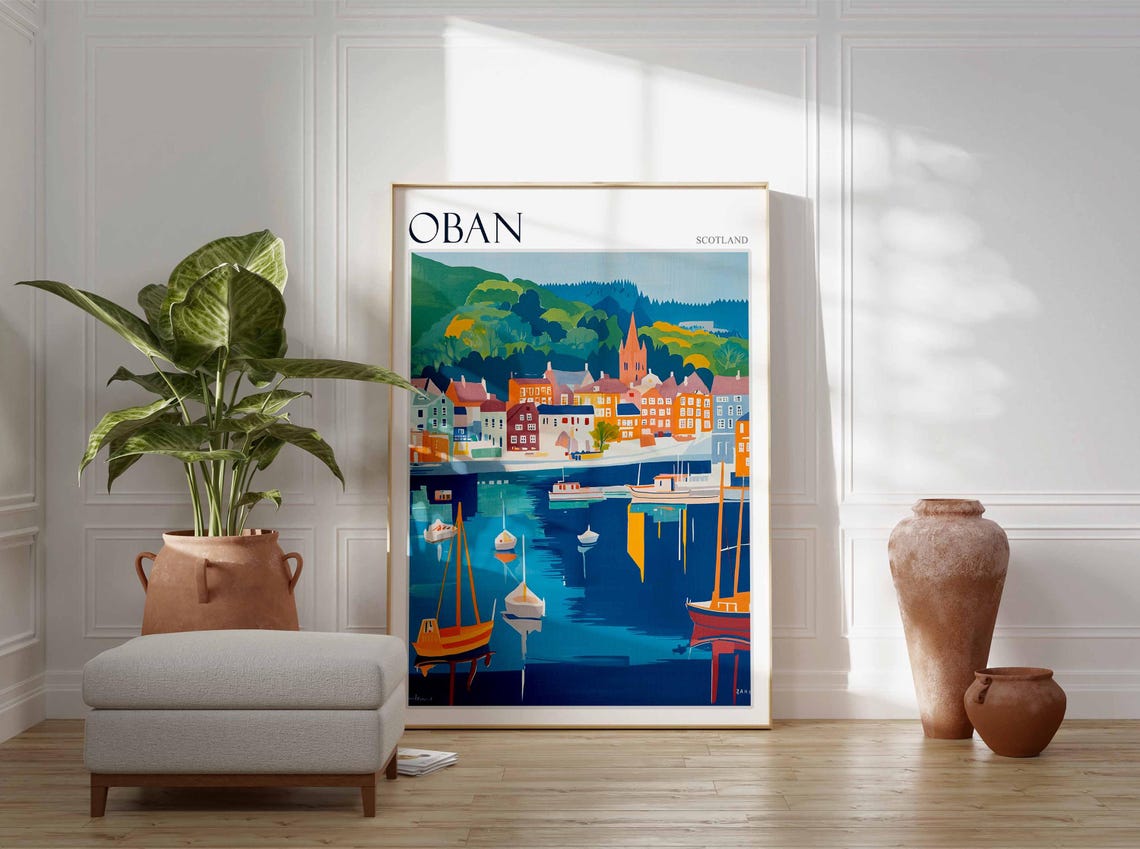 Oban Waterfront Boat Reflections Hillside Town Scotland Travel Poster - Image 4