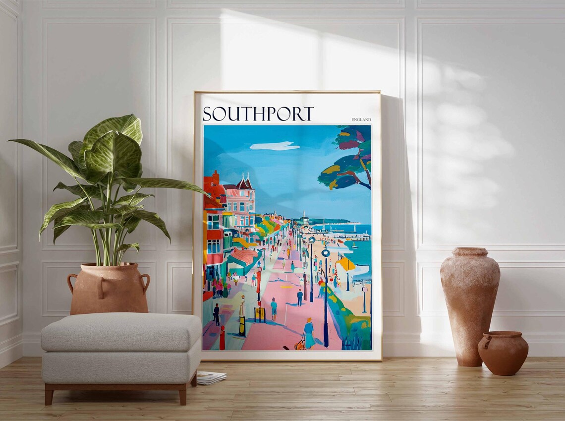 Southport England Pink Palm Promenade Seaside Walk Art Poster - Image 2