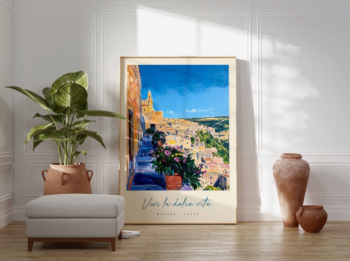 Matera Italy Cobblestone Street Flower Pots Cathedral Art Poster - Image 3