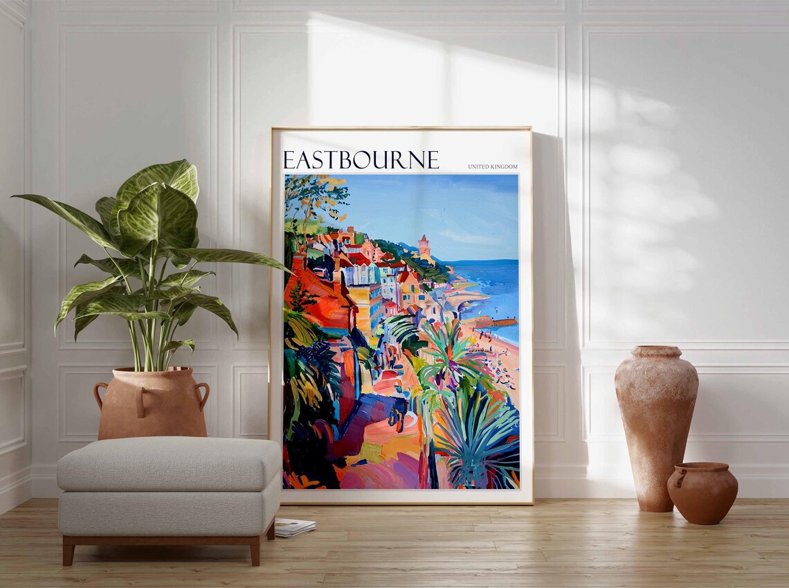 Eastbourne Palm Fringed Street Red Rooftops Fauvist Painting Poster - Image 3