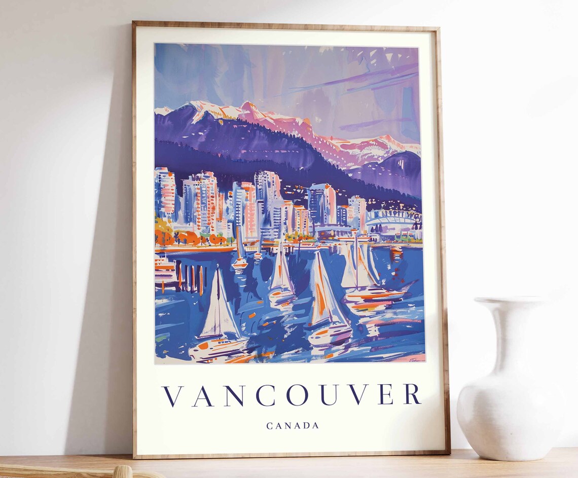 Vancouver Canada Harbor Sailboats Poster with City Skyline and Peaks