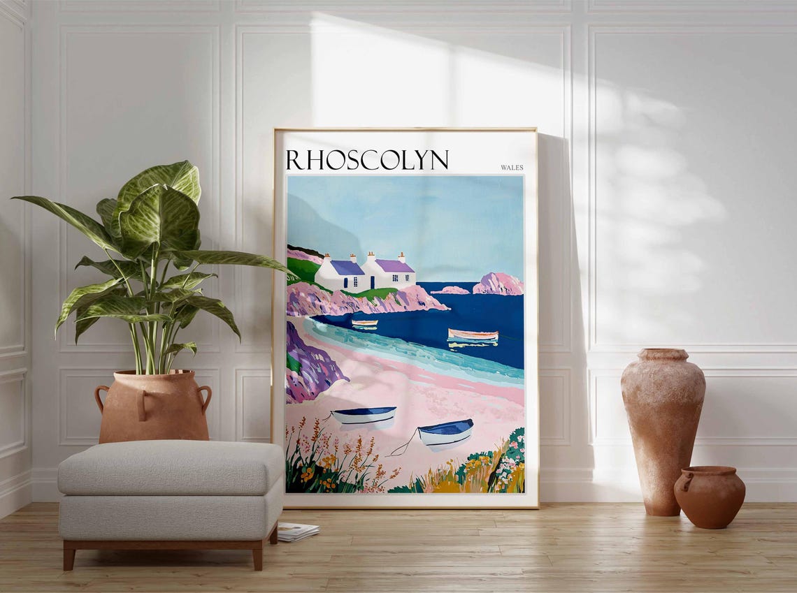 Rhoscolyn Wales White Cottage Pink Beach Rowboats Art Poster - Image 4