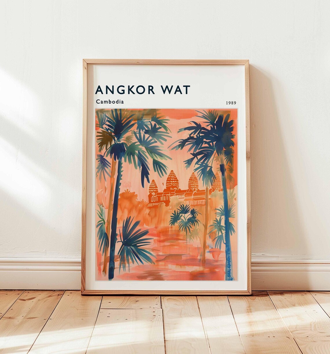 Angkor Wat Cambodia Coral Watercolor Palm Trees Temple Art Poster