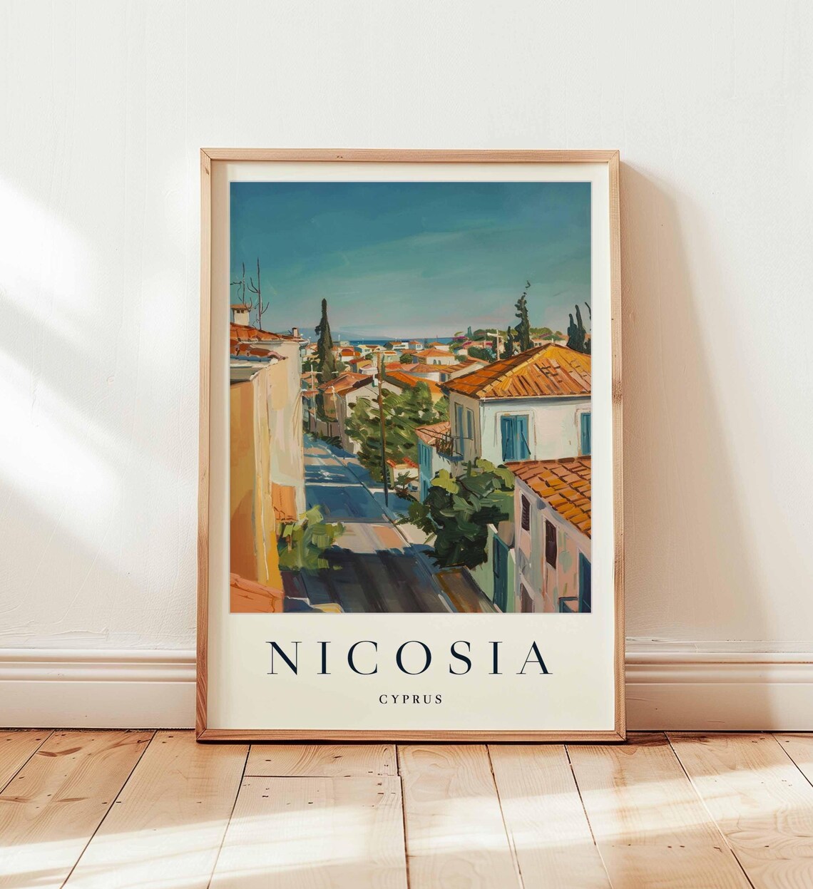 Nicosia Cyprus Narrow Lane Terracotta Roofs Evening Travel Poster