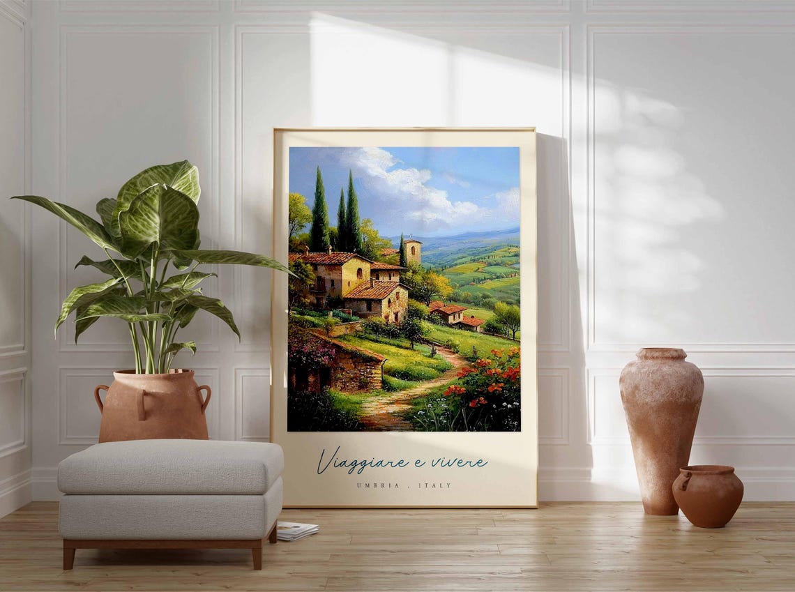 Umbria Italy Stone Farmhouse Cypress Trees Flower Path Painting Poster - Image 3