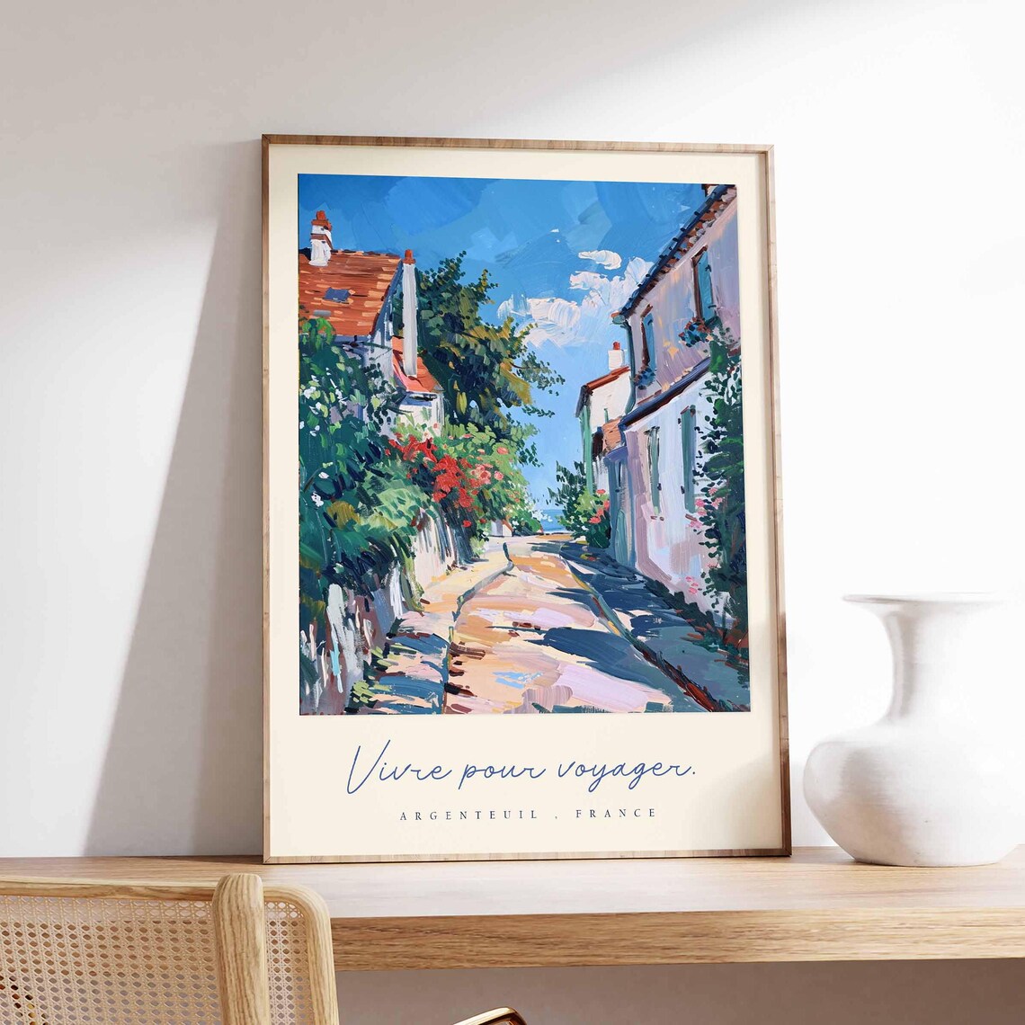 Argenteuil France Travel Poster Sunlit Village Street and Red Roofs