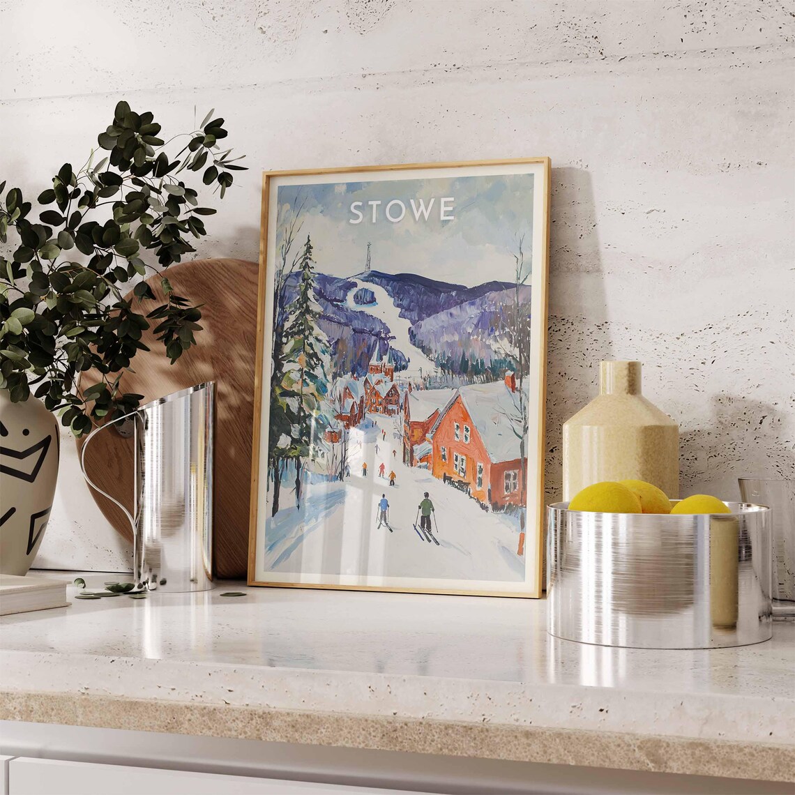 Stowe Village Ski Street with Church Steeple and Trails Poster - Image 2