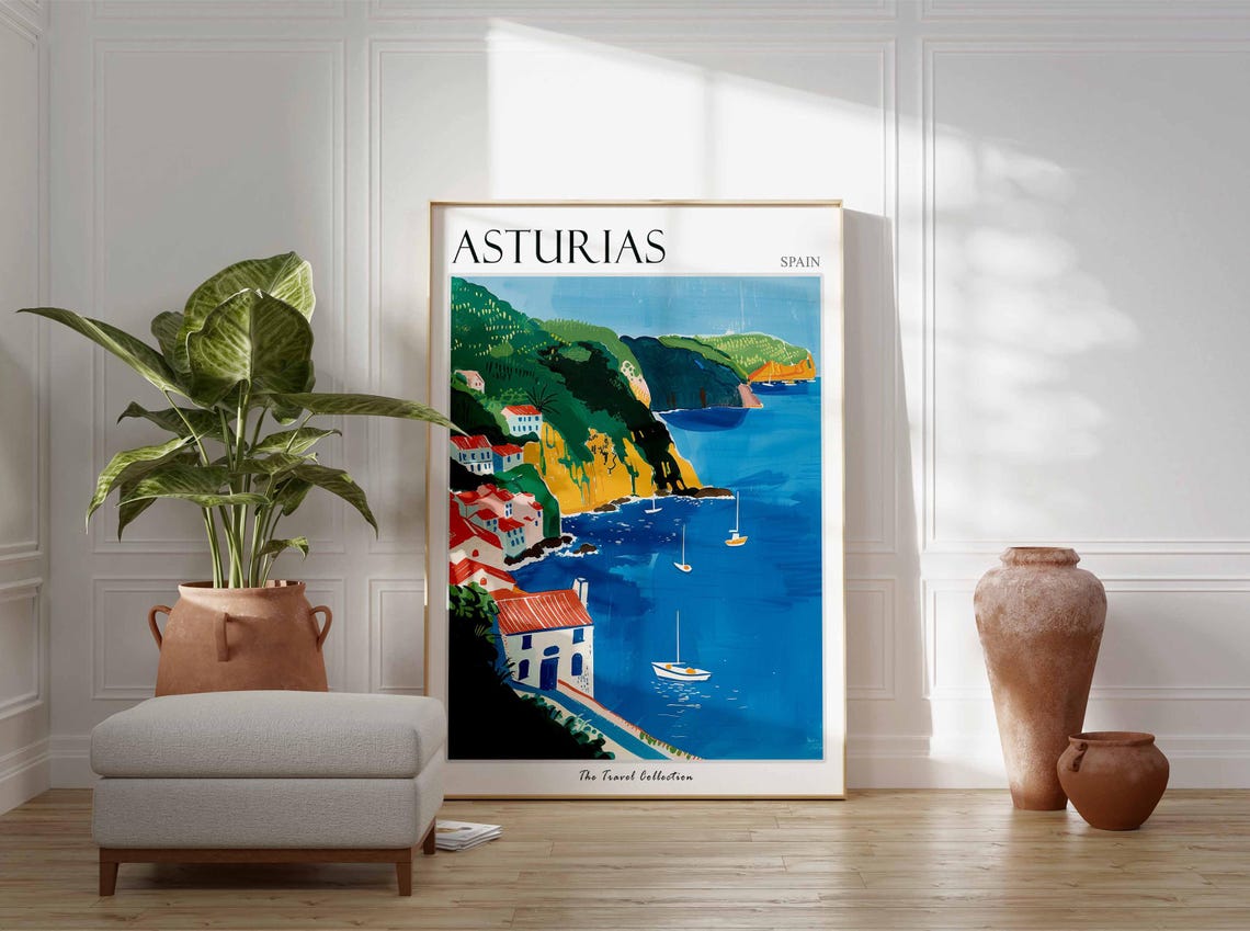 Asturias Spain Coastal Cliffs Sailboats Painted Travel Poster - Image 3