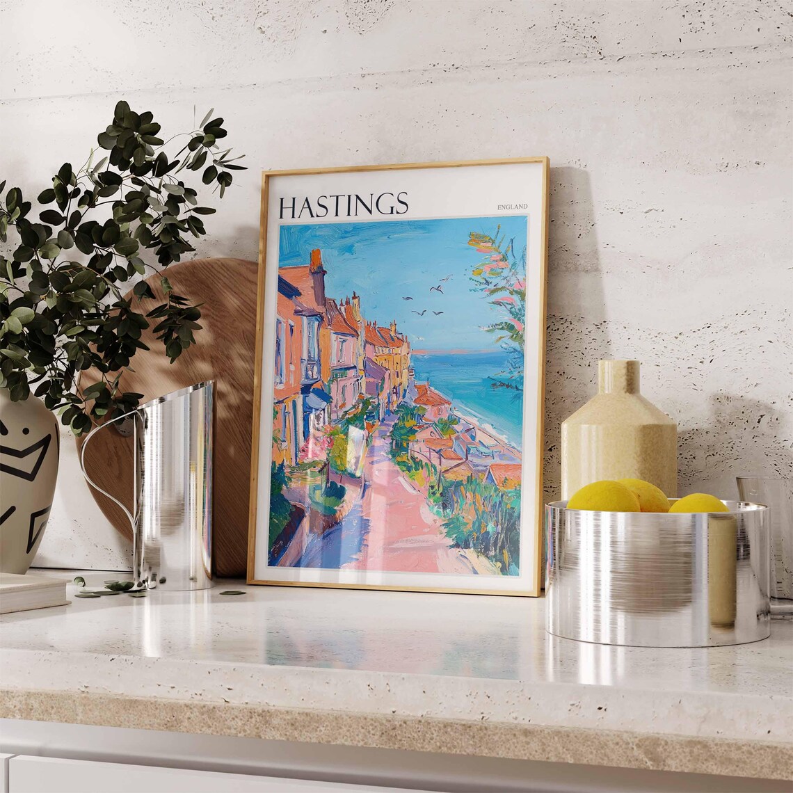 Hastings England Seaside Street Coastal Town Colorful Art Poster - Image 3
