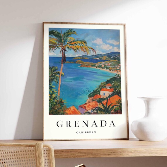 Grenada Poster Caribbean Travel Print Grand Anse Beach Spice Island Wall Art Tropical Decor Gift
