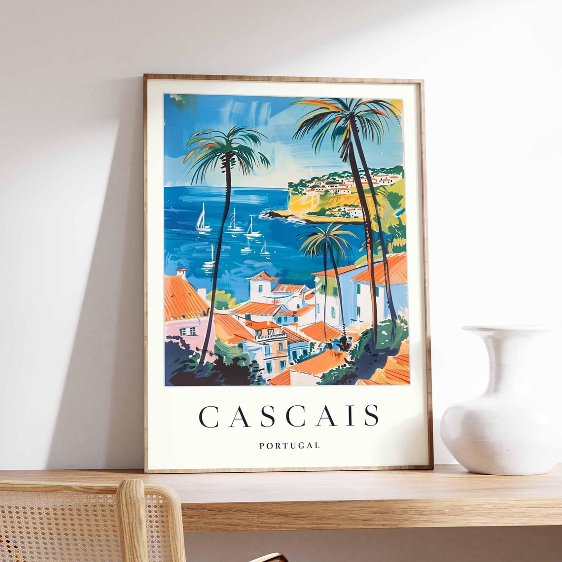 Cascais Portugal Vintage Palm Coastal Town Seaside Travel Poster