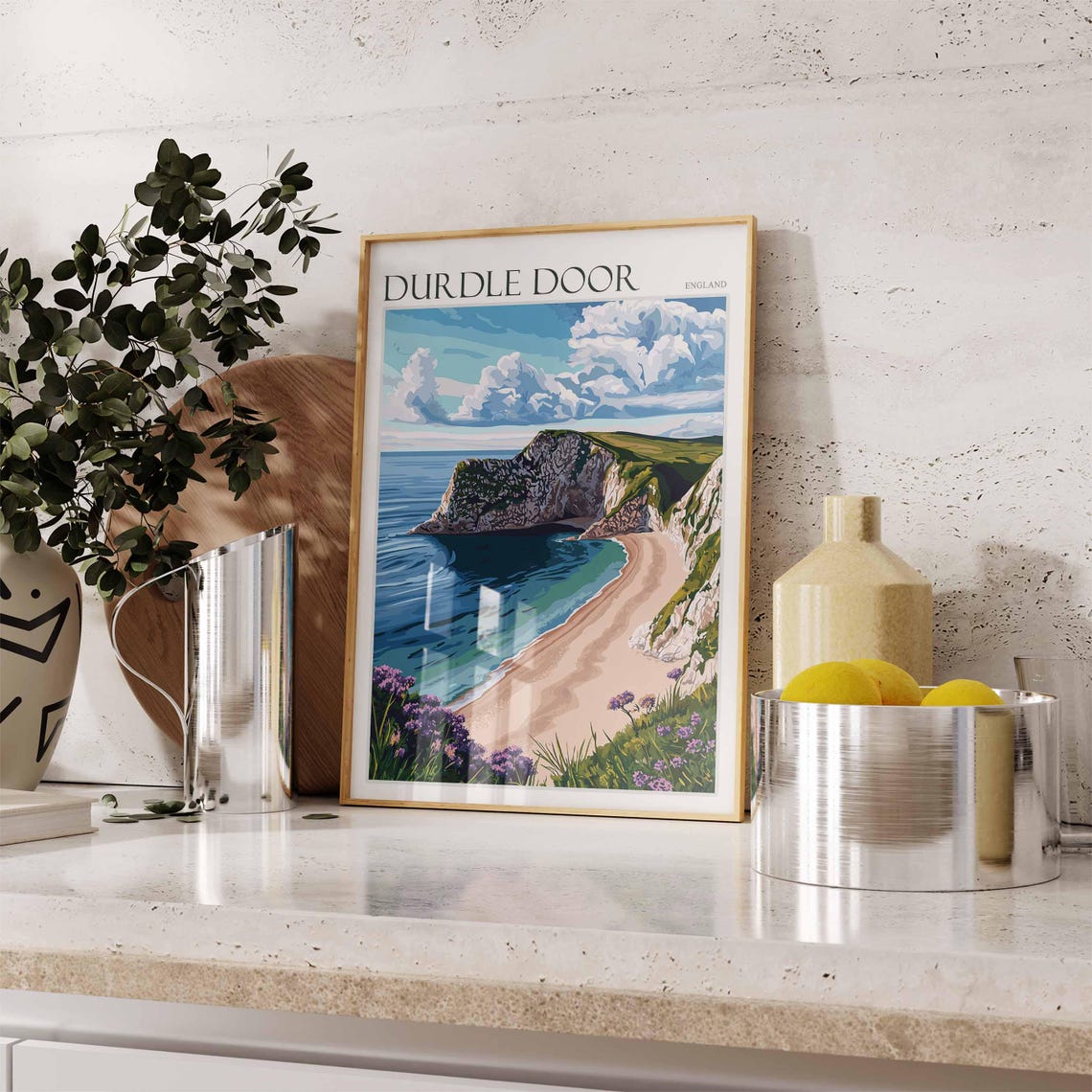 Durdle Door England Headland Beach Wildflowers Dramatic Graphic Poster - Image 2