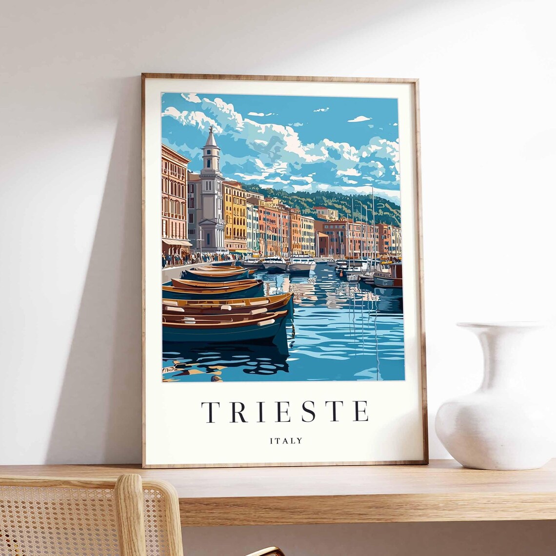 Trieste Italy Harbor Wooden Boats Retro Waterfront Travel Poster