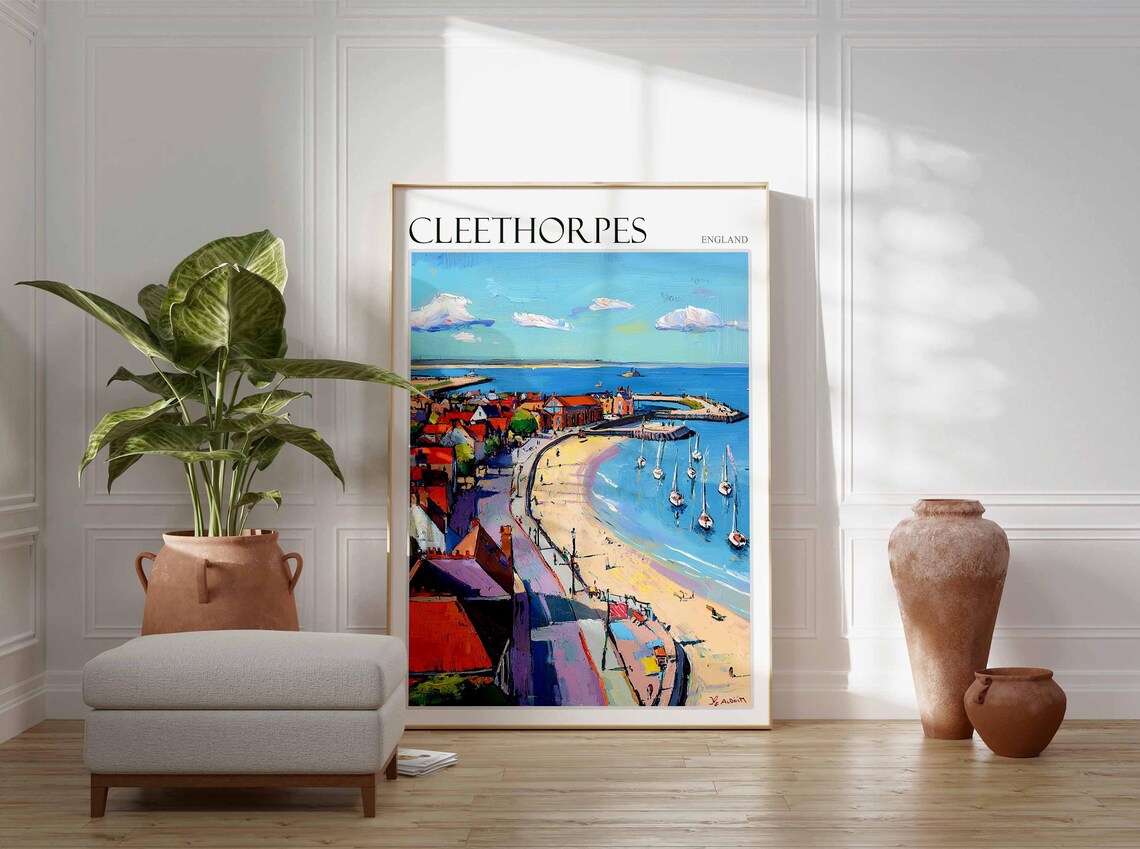 Cleethorpes England Curved Bay Sailboats Aerial Coast Travel Poster - Image 3