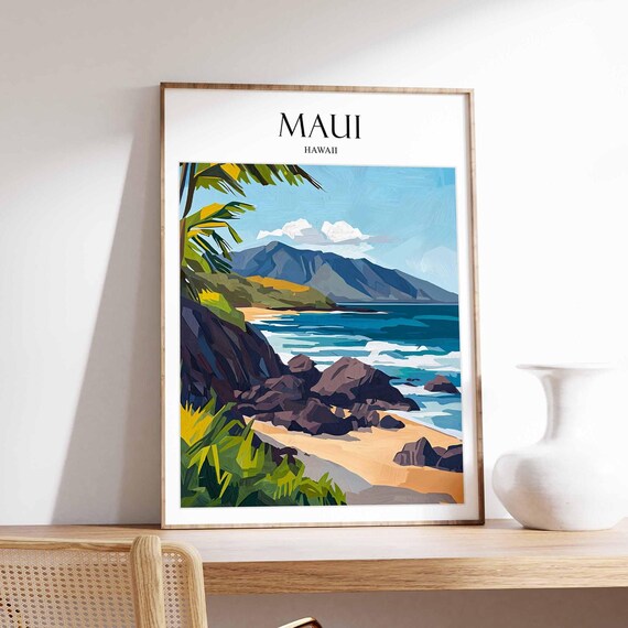 Maui Hawaii Rocky Volcanic Coast Golden Sand Beach Travel Poster