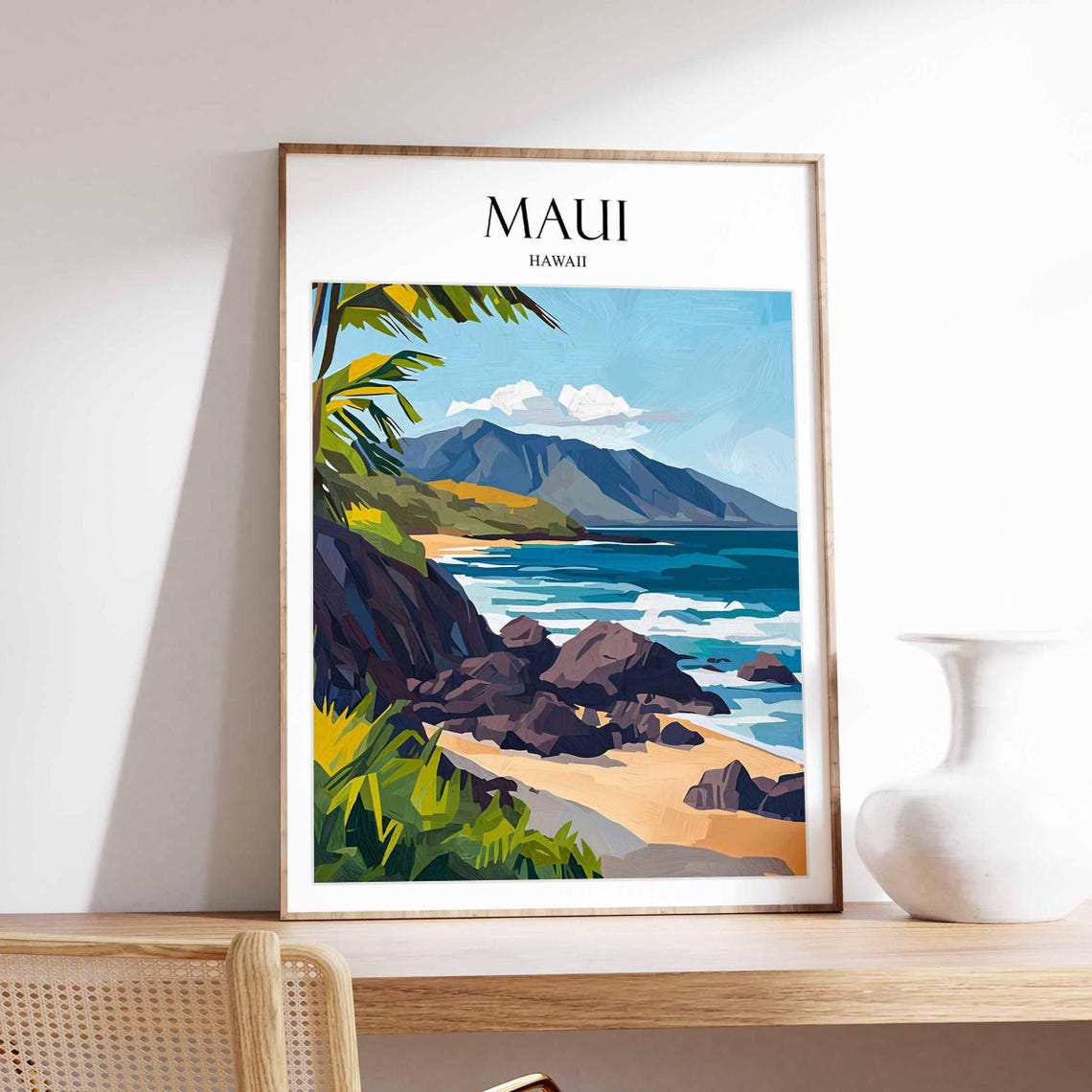 Maui Hawaii Rocky Volcanic Coast Golden Sand Beach Travel Poster