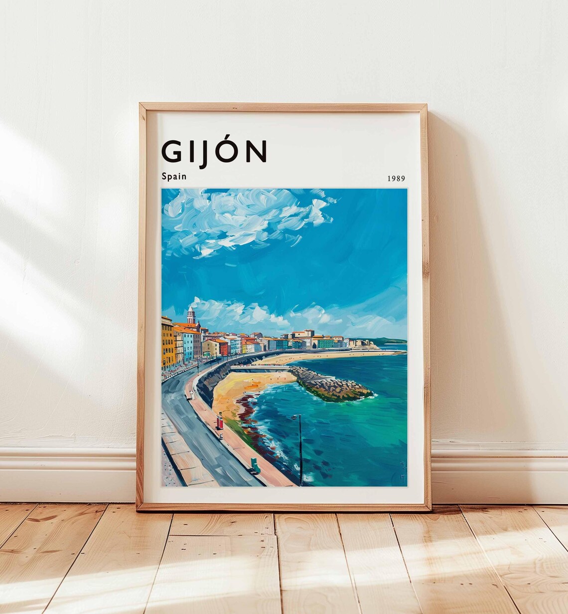 Gijón Spain Coastal Beach Painting 1989 Vintage Travel Poster
