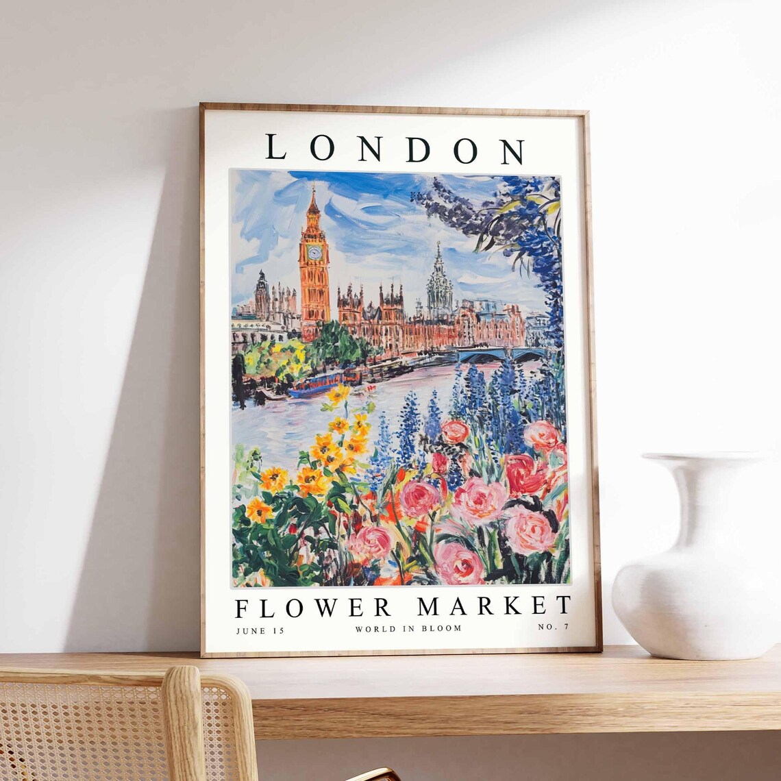 London Big Ben Flower Market River Thames Vintage Floral Art Poster