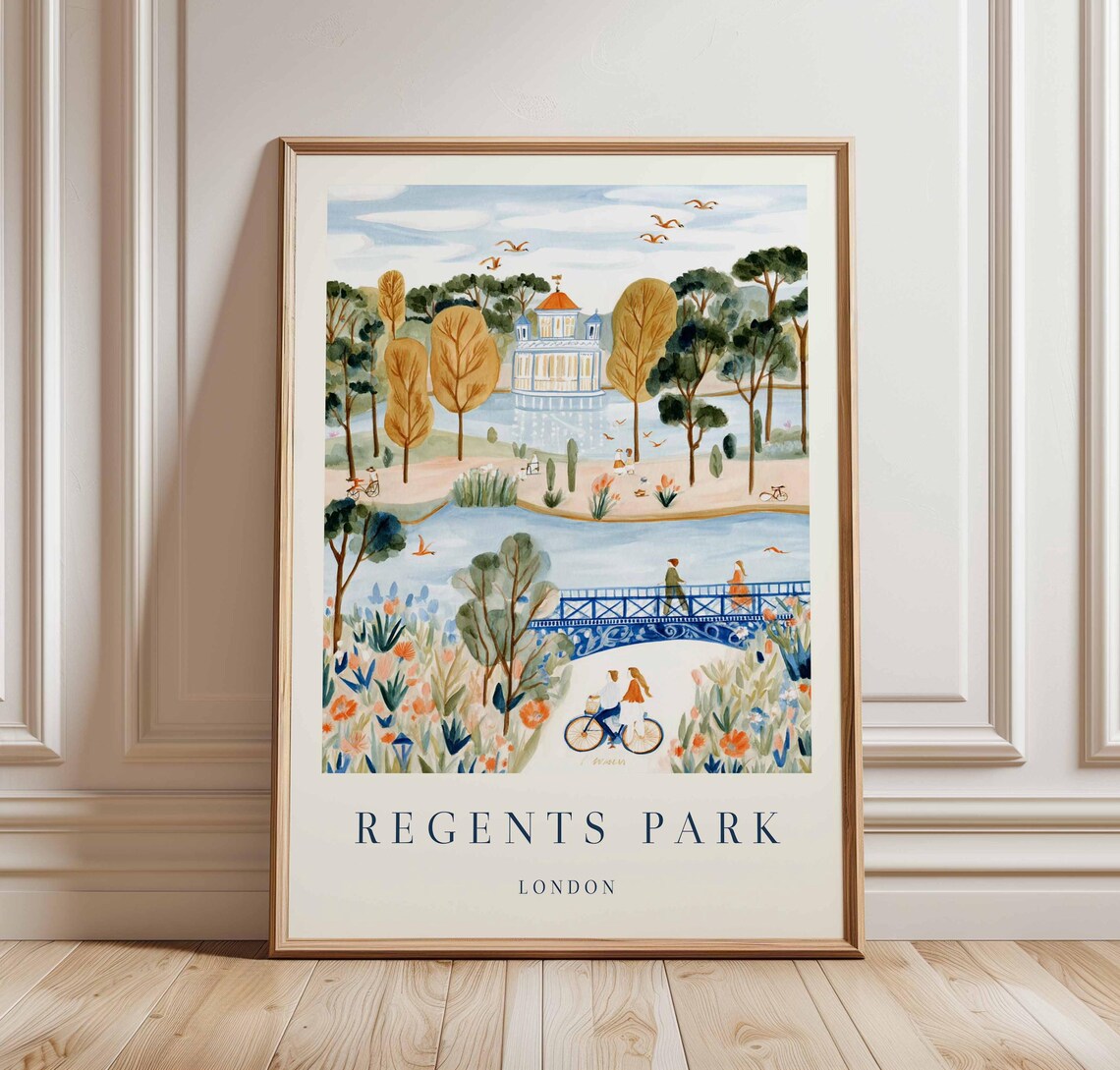 Regents Park London Watercolor Lake Bridge Autumn Trees Poster
