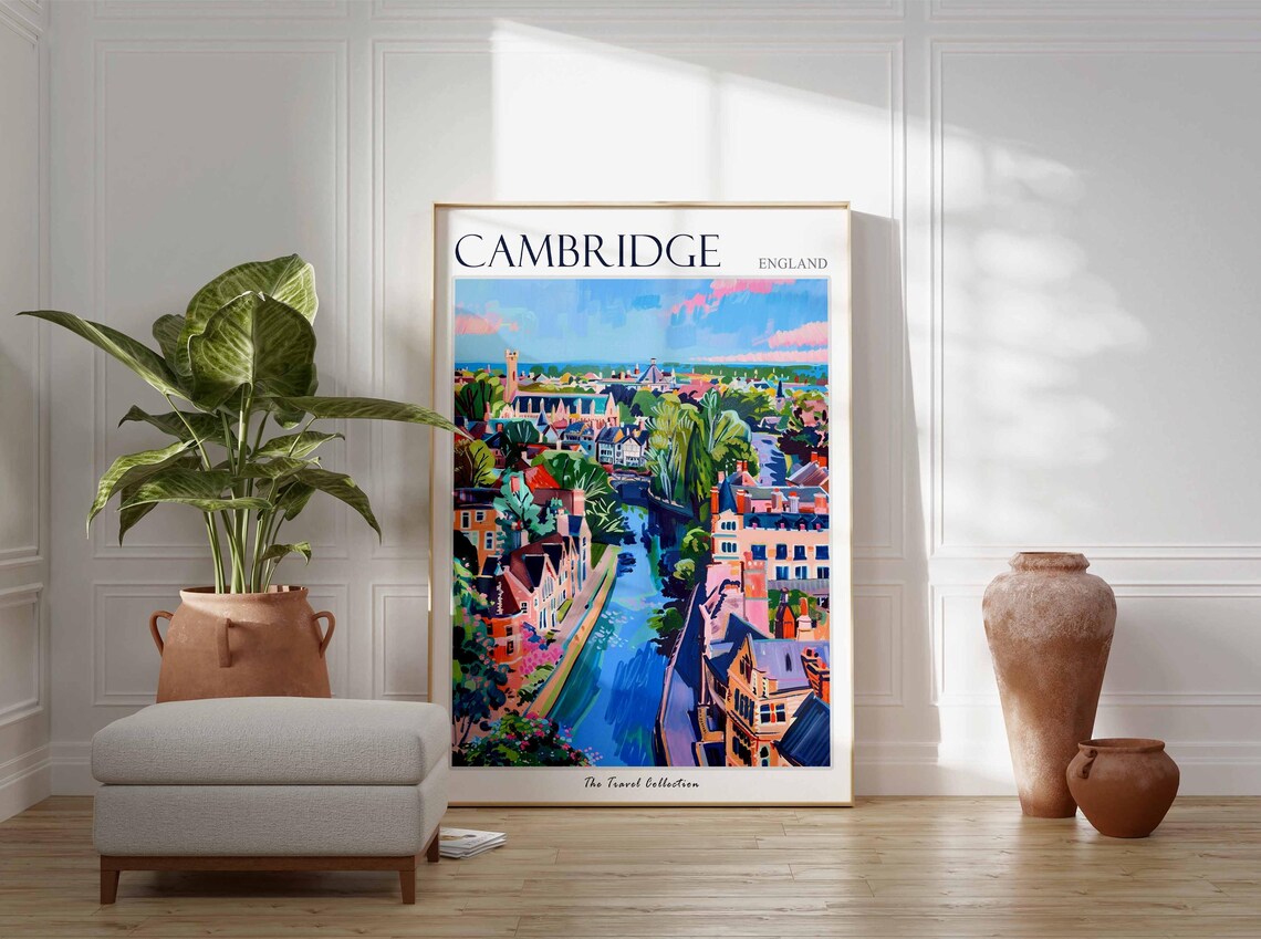 Cambridge England Travel Poster River Cam Colleges Aerial Painting - Image 3
