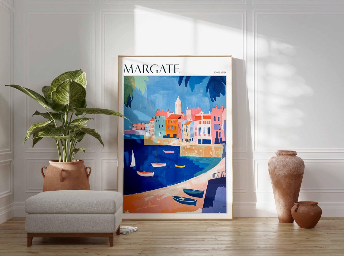 Margate England Blue Harbor Boats Pastel Waterfront Art Poster - Image 3
