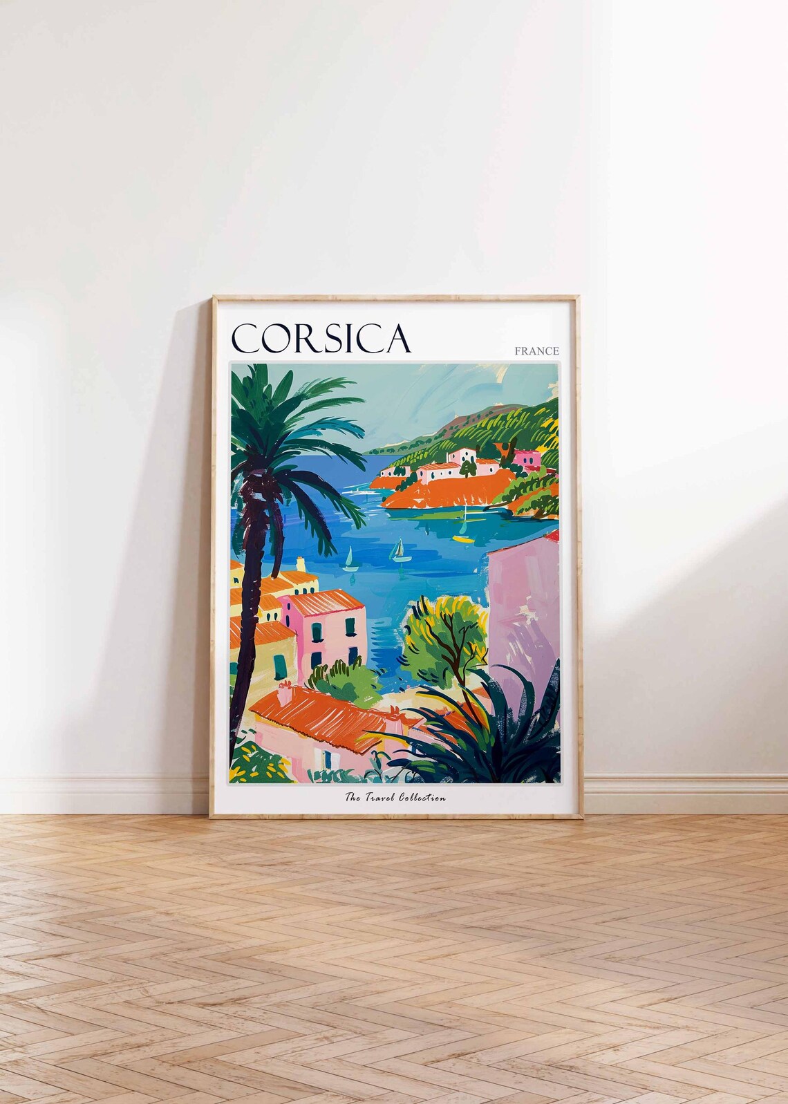Corsica France Palm Framed Bay Pink Village Turquoise Poster - Image 2