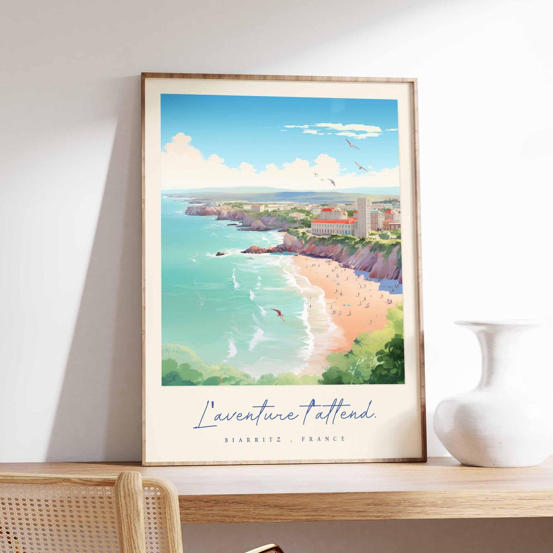 Biarritz France Turquoise Bay Beach Cliffs Summer Ocean Travel Poster