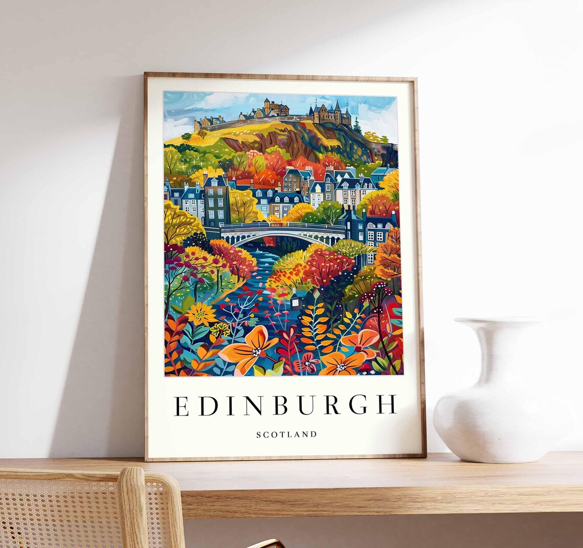 Edinburgh Bridge Floral Village Castle Hill Autumn Art Poster