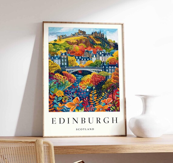 Edinburgh Bridge Floral Village Castle Hill Autumn Art Poster