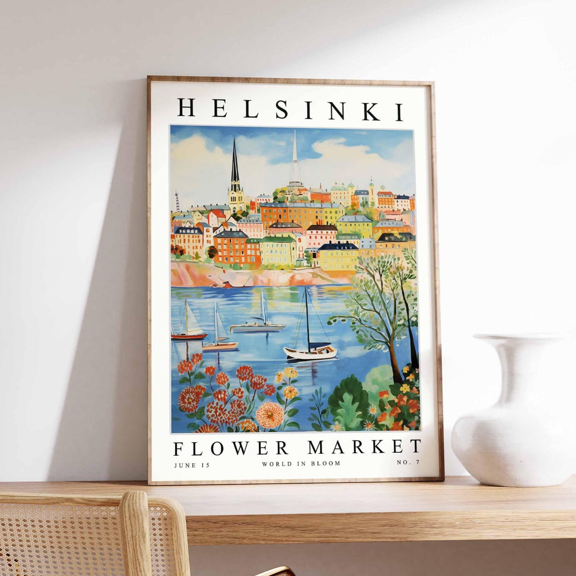Helsinki Flower Market Red Gold Wildflowers Sailboat Harbor Poster