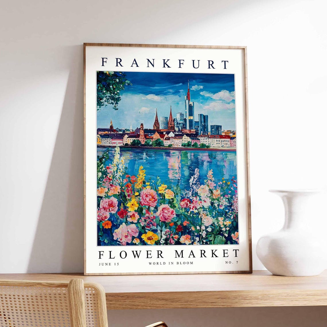 Frankfurt Flower Market River Skyline Reflection Bloom Bank Poster