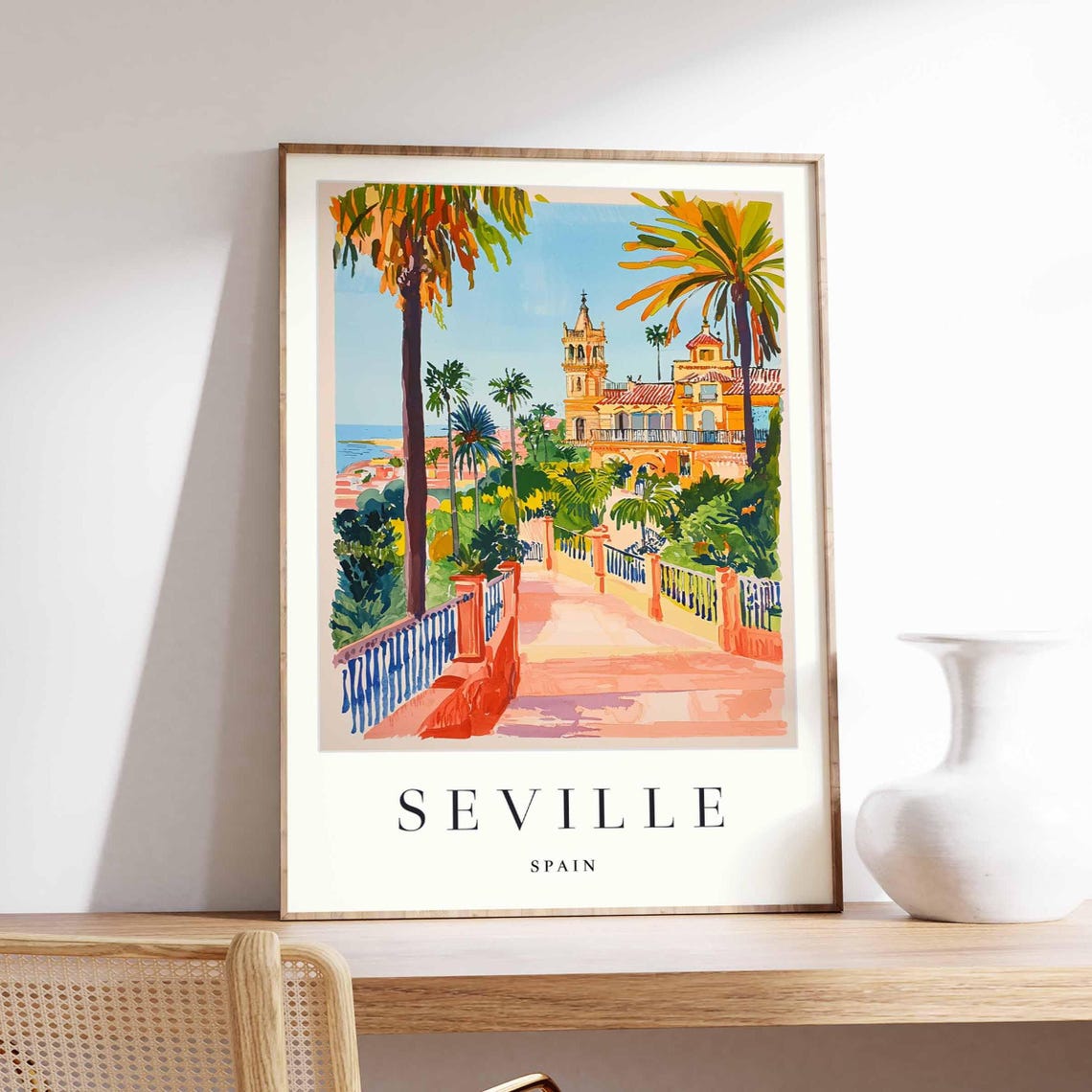 Seville Spain Sunlit Pink Staircase Palms Palace View Art Poster
