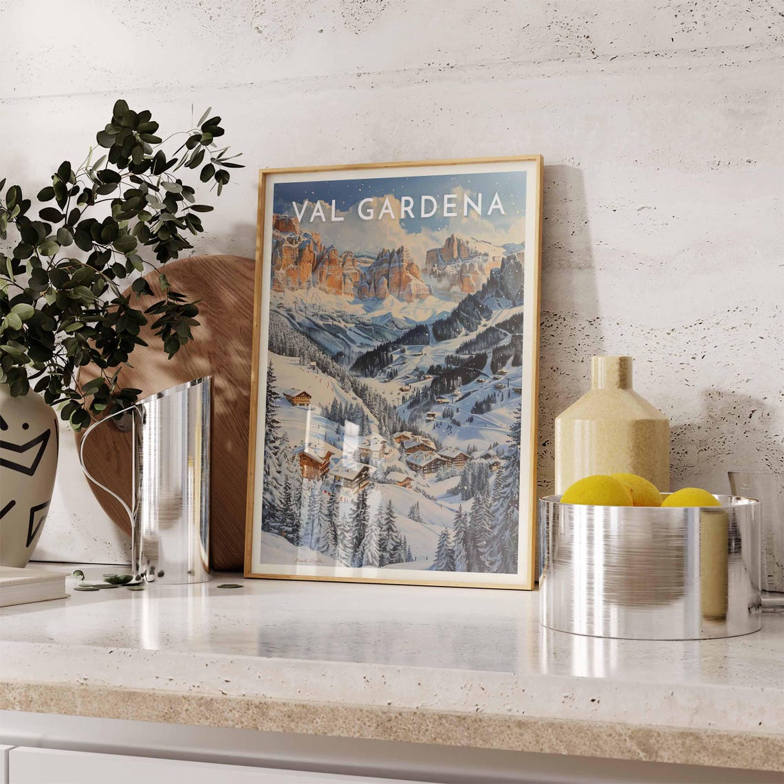 Val Gardena Italy Evening Village Moonlit Snowy Peaks Art Poster - Image 2