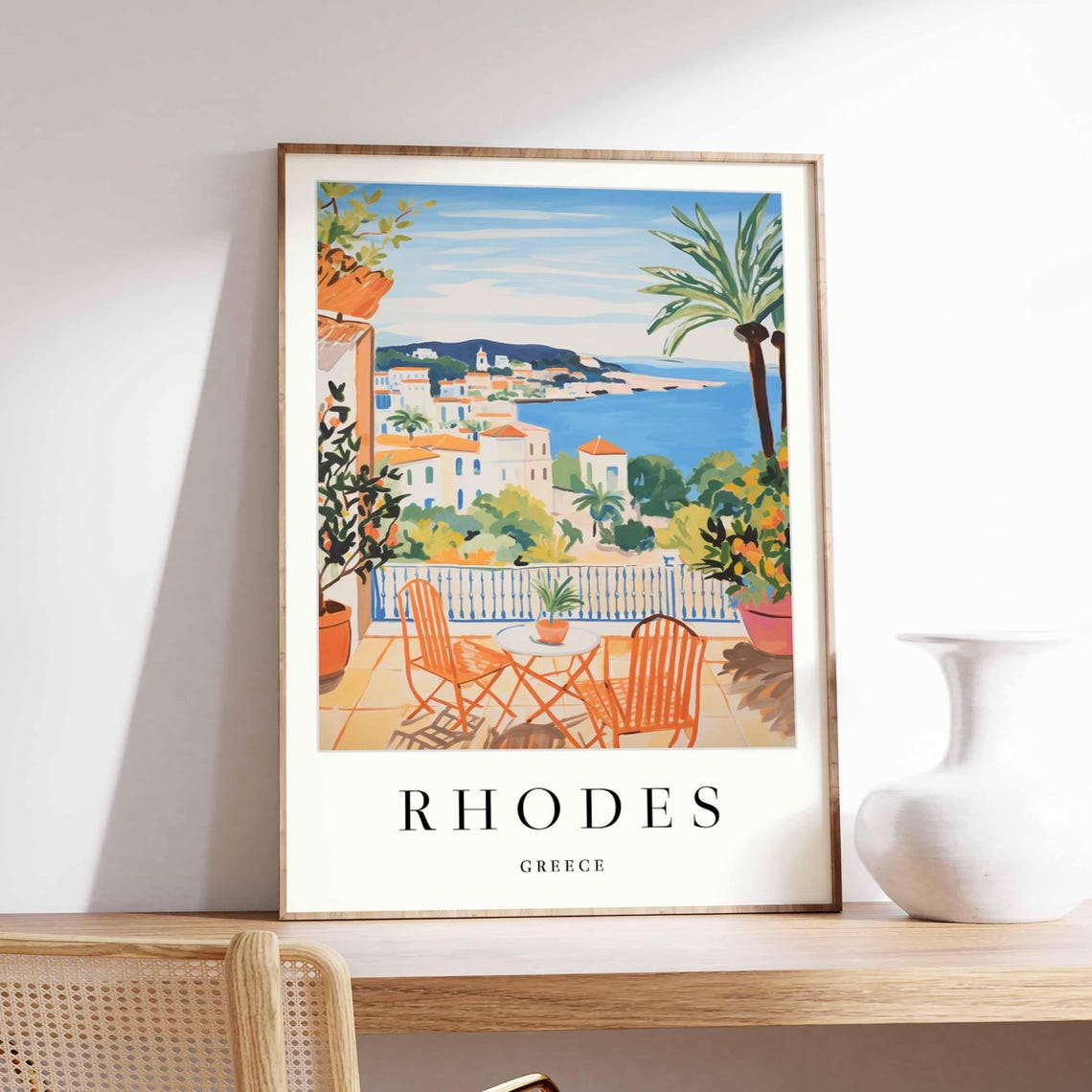 Rhodes Greece Balcony Orange Chairs Bay View Mediterranean Poster
