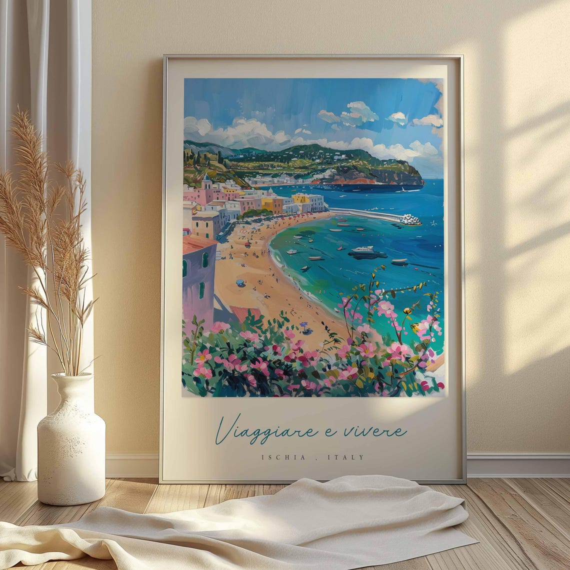 Ischia Italy Beach Harbor Pink Bougainvillea Bloom Travel Poster - Image 2