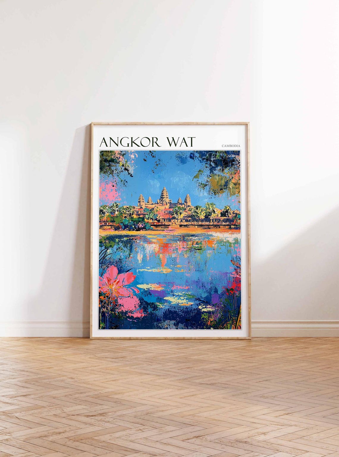 Angkor Wat Cambodia Lotus Flowers Abstract Painting Travel Poster - Image 3