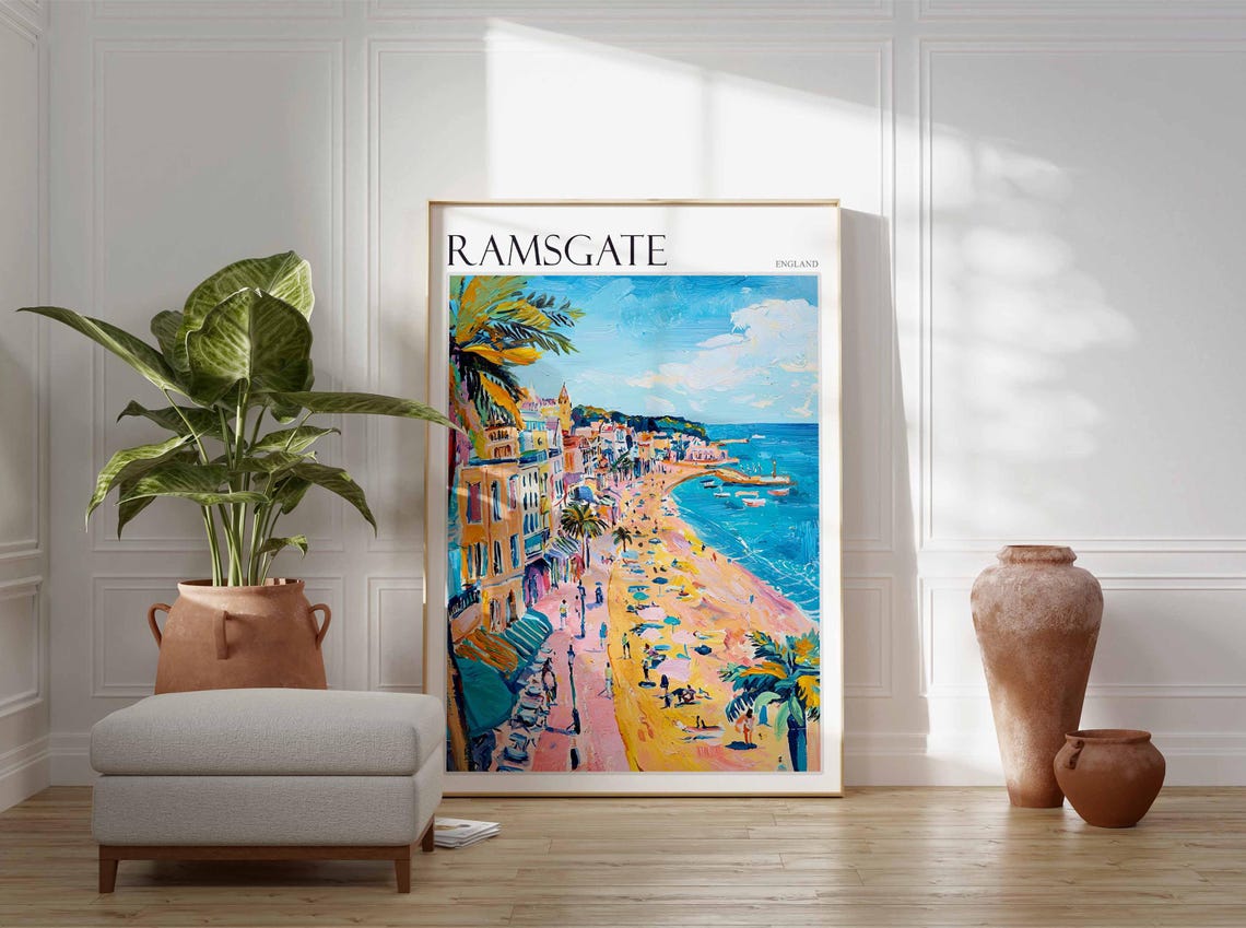 Ramsgate England Crowded Sandy Beach Umbrellas Palm Promenade Poster - Image 4
