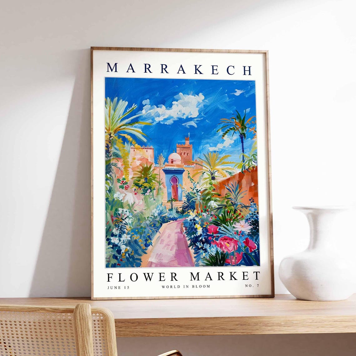 Marrakech Flower Market Cobalt Blue Arch Palm Courtyard Poster