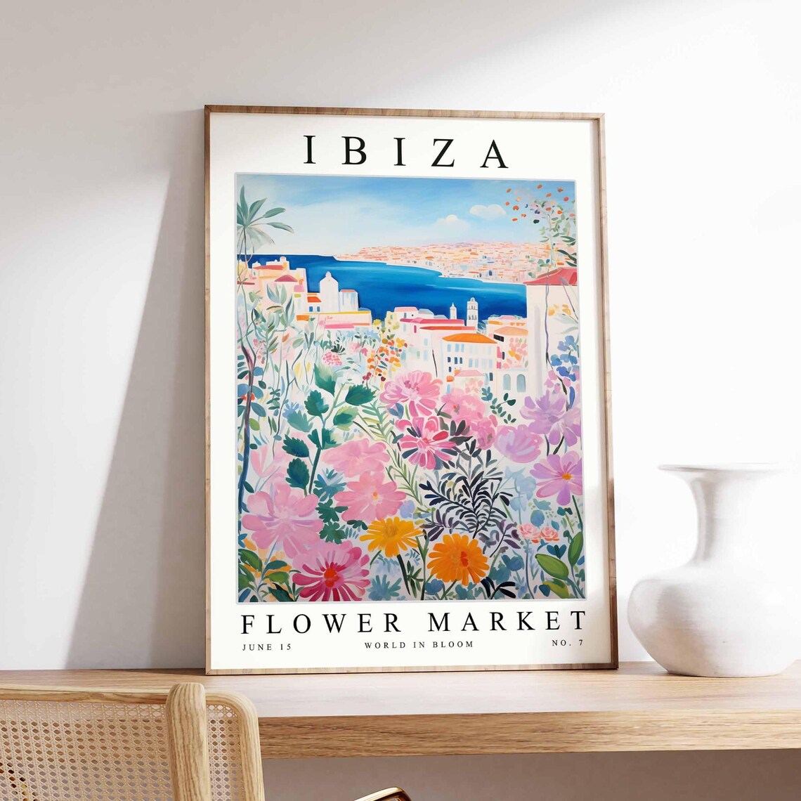 Ibiza Flower Market Pastel Harbor Pink Cosmos Bloom Art Poster