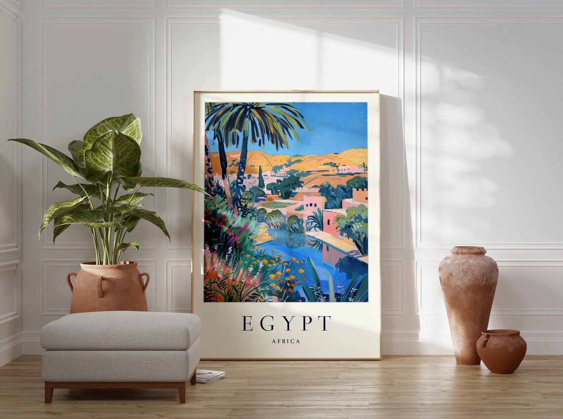 Egypt Africa Palm Oasis Desert Town Colorful Illustration Art Poster - Image 3