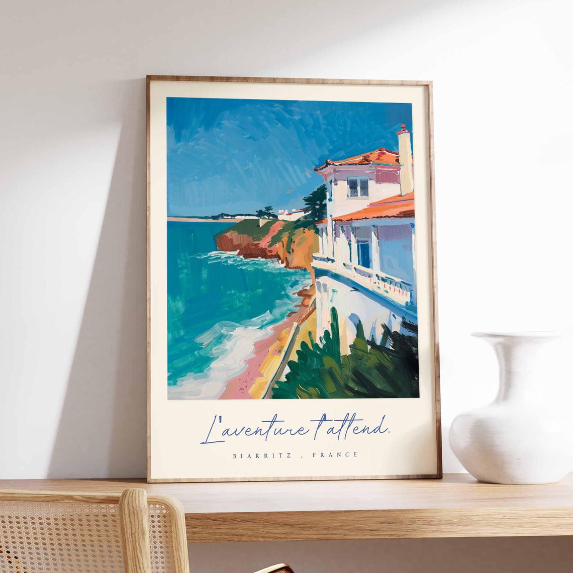 Biarritz France Atlantic Coastal Cliffs Villa Painting Travel Poster