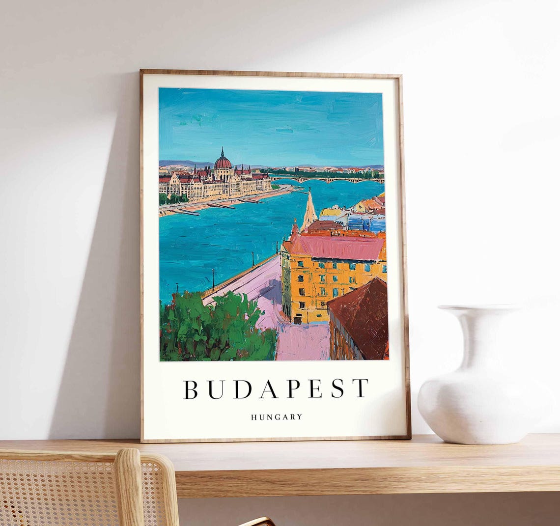 Budapest Hungary Parliament Danube River Skyline View Travel Poster